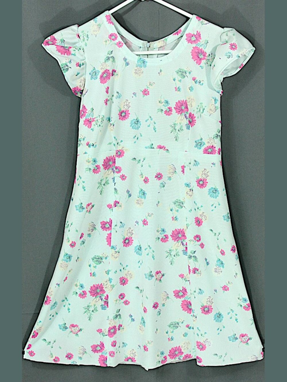 Vintage Pink and Blue Floral Flutter Sleeve Mini Dress Party Sundress 1970s
